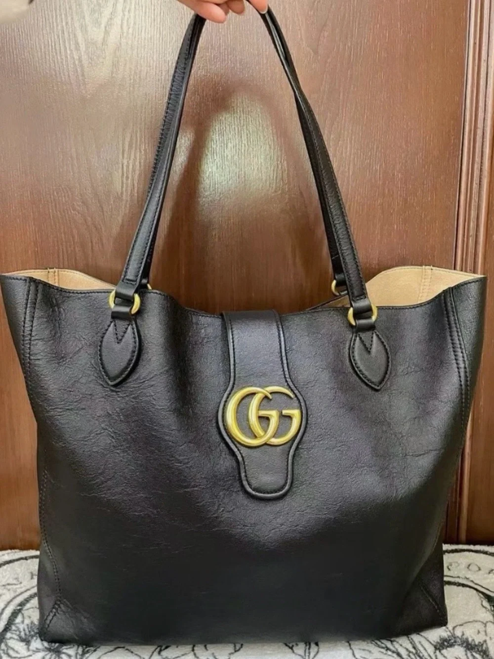 Gucci Black Leather Tote with Gold Double G Emblem